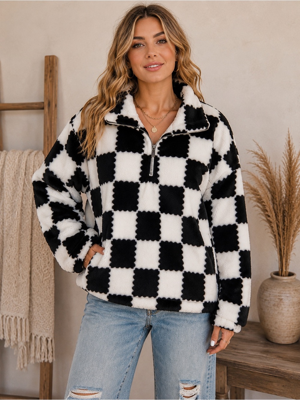 POL Black White Checkered Fuzzy Sherpa Quarter Zip Pullover Sweater Size Small